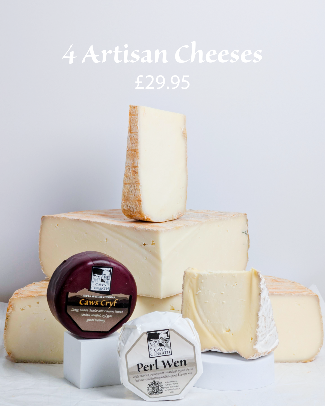 4 assorted artisan cheeses with on a light gray background £29.95
