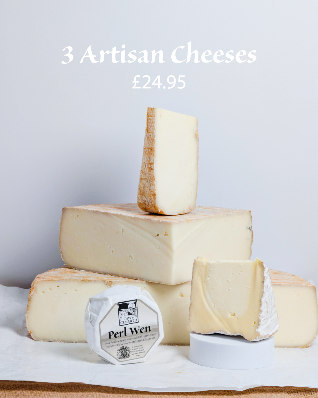 Three artisan cheeses with a price tag on a light gray background