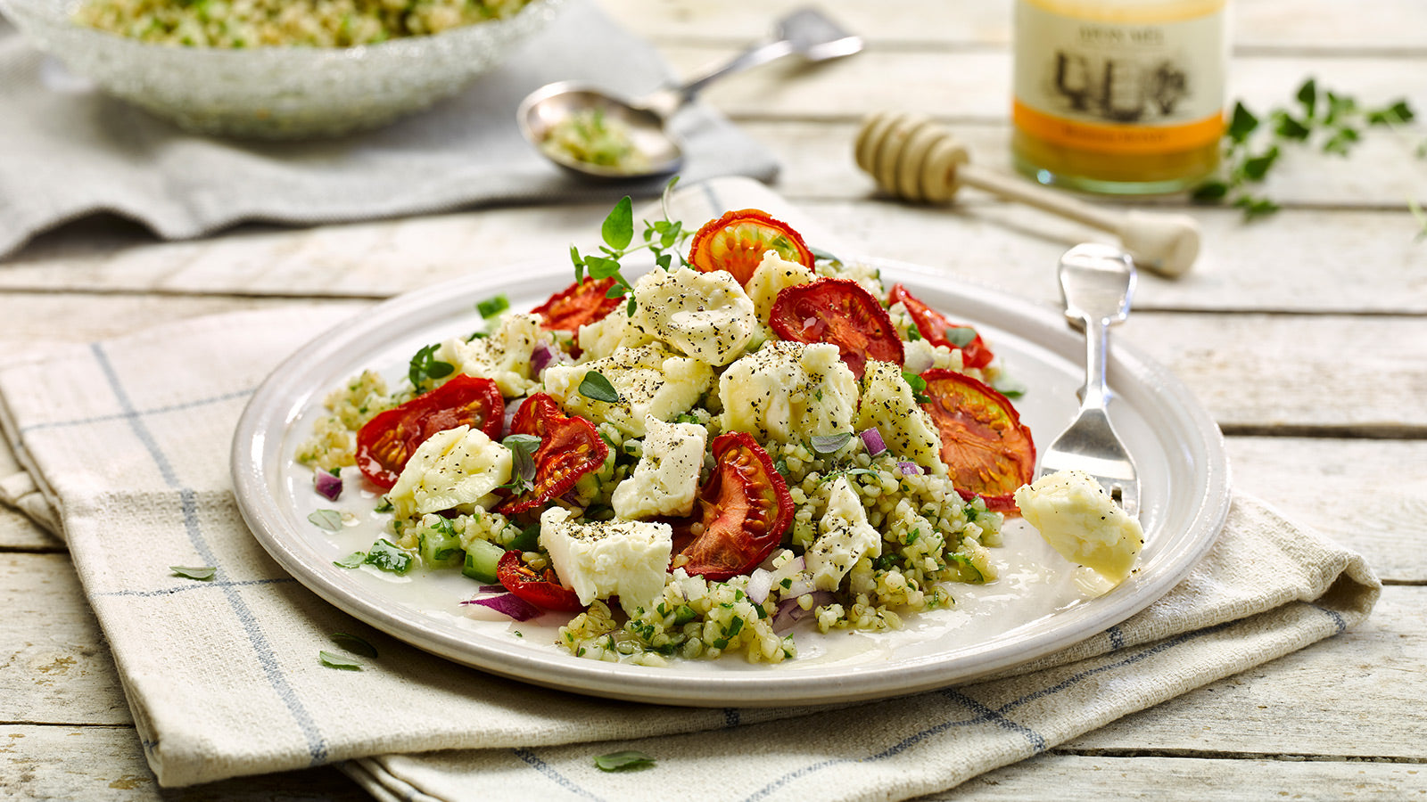 Green Tabbouleh Salad - Crumbled Thelma's Original Traditional Welsh Caerffili Cheese (PGI) with Honey & Thyme