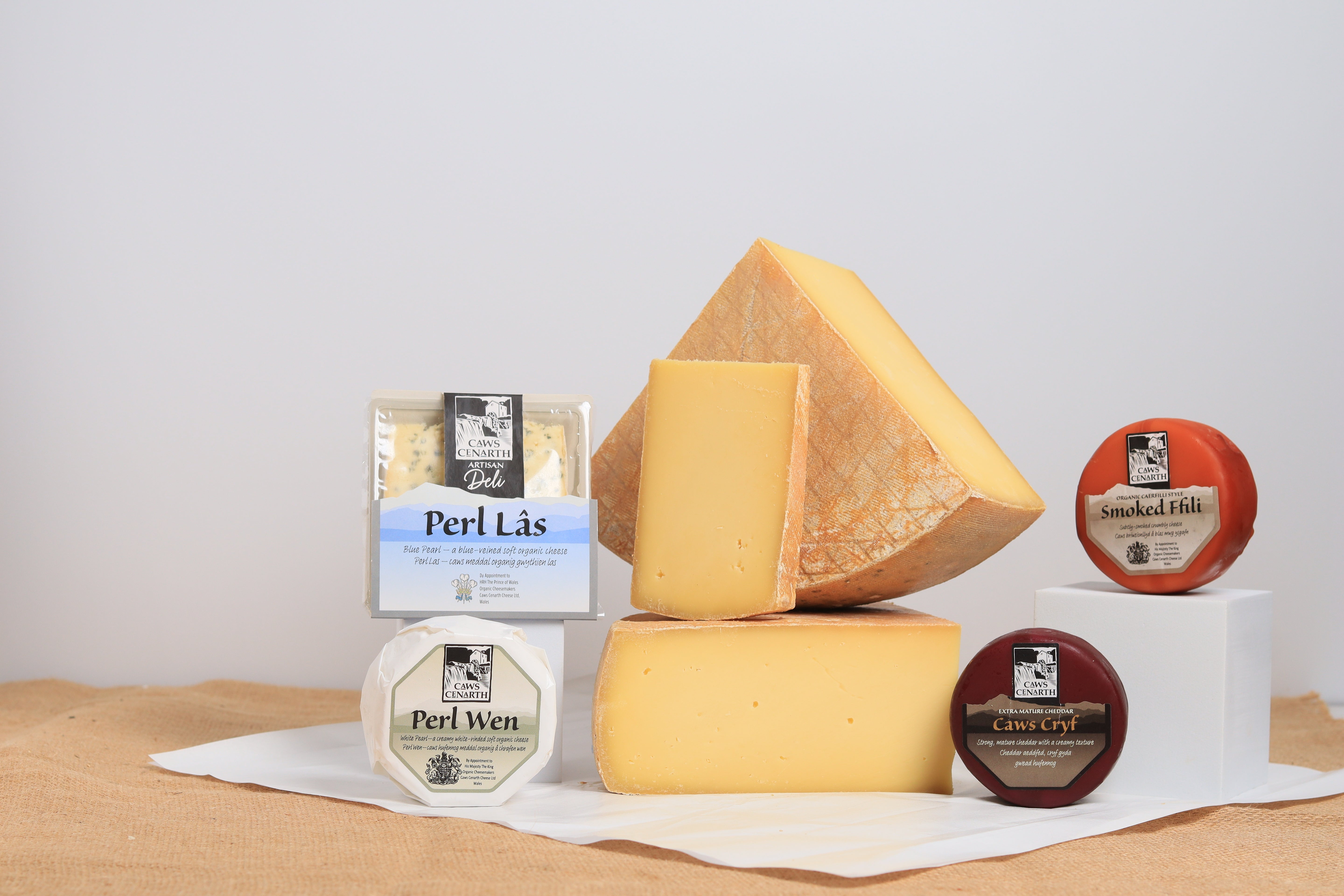 Assorted caws cheeses on a neutral background